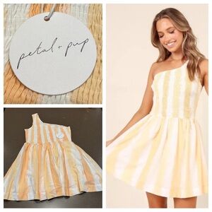 Petal & Pup Yellow and White One-Shoulder Mini Dress